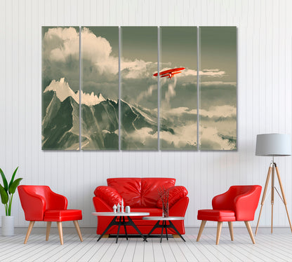 Red Biplane Flying over Mountain Canvas Print ArtLexy 5 Panels 36"x24" inches 