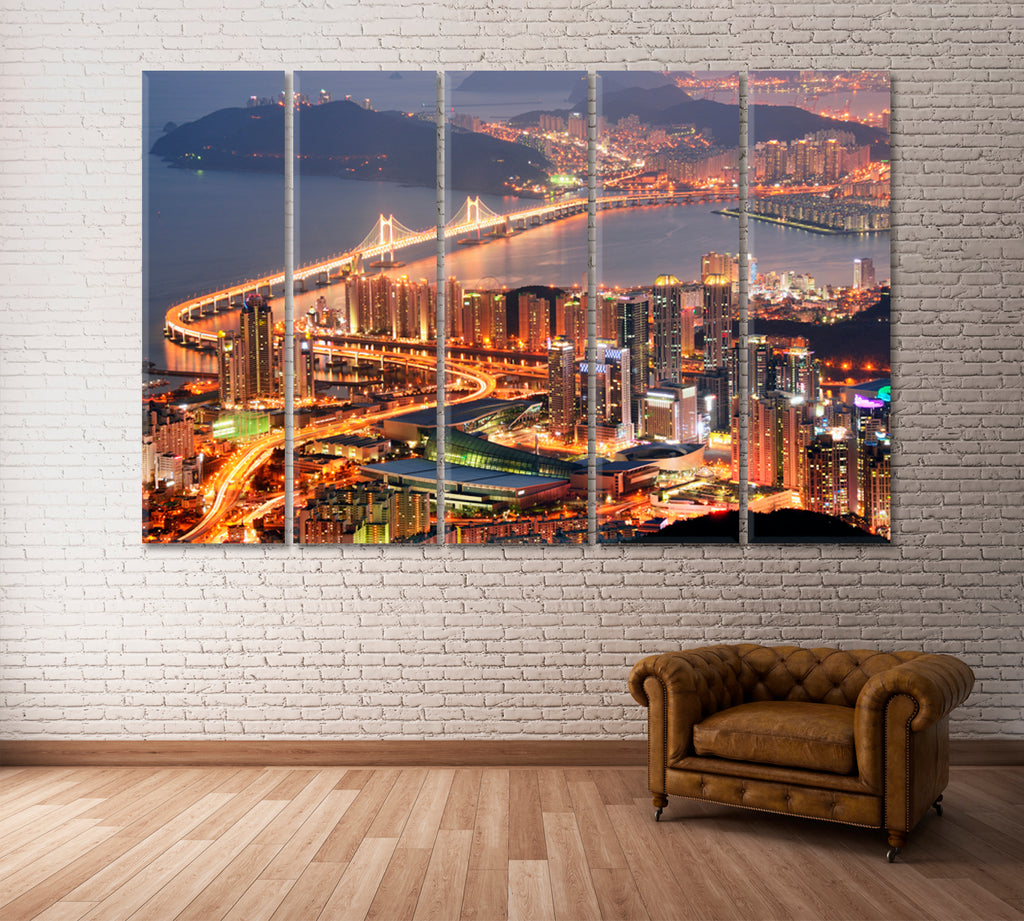 Busan Skyline at Night South Korea Canvas Print ArtLexy 5 Panels 36"x24" inches 