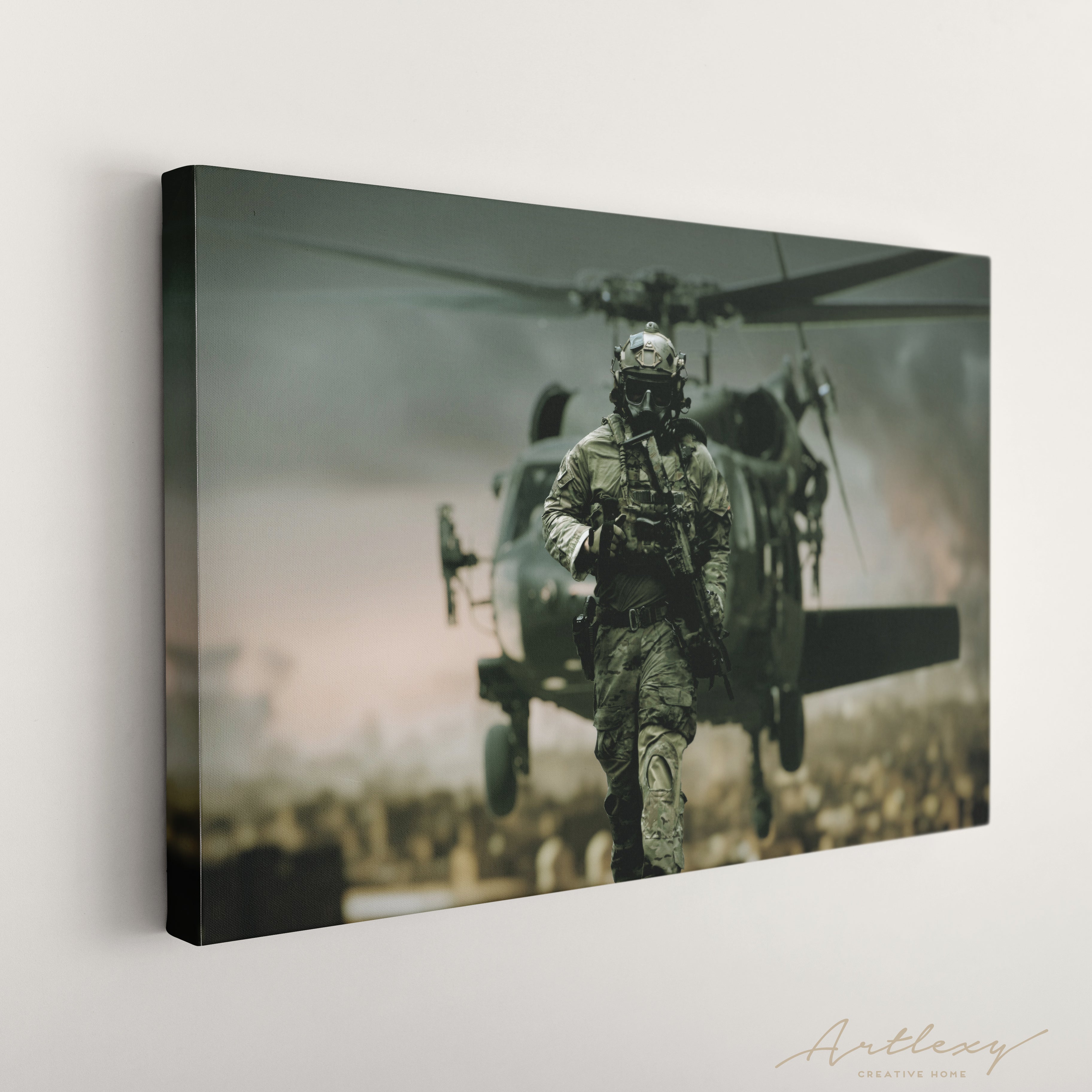 Military Helicopter Behind American Soldier Canvas Print ArtLexy   