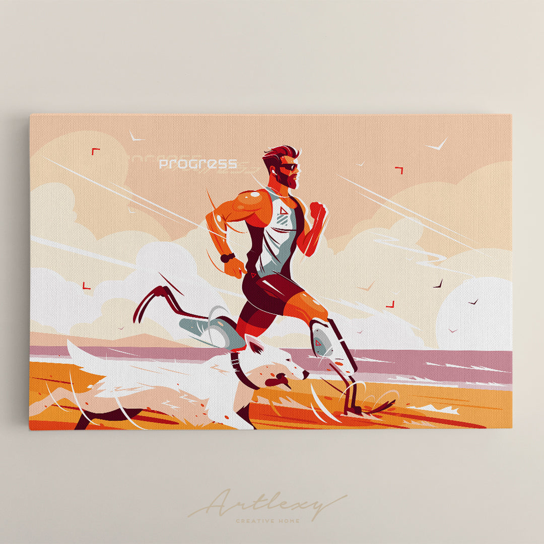 Running Sportsman with Prosthesis and Dog Canvas Print ArtLexy   