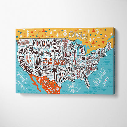 United States Map with States Canvas Print ArtLexy 1 Panel 24"x16" inches 