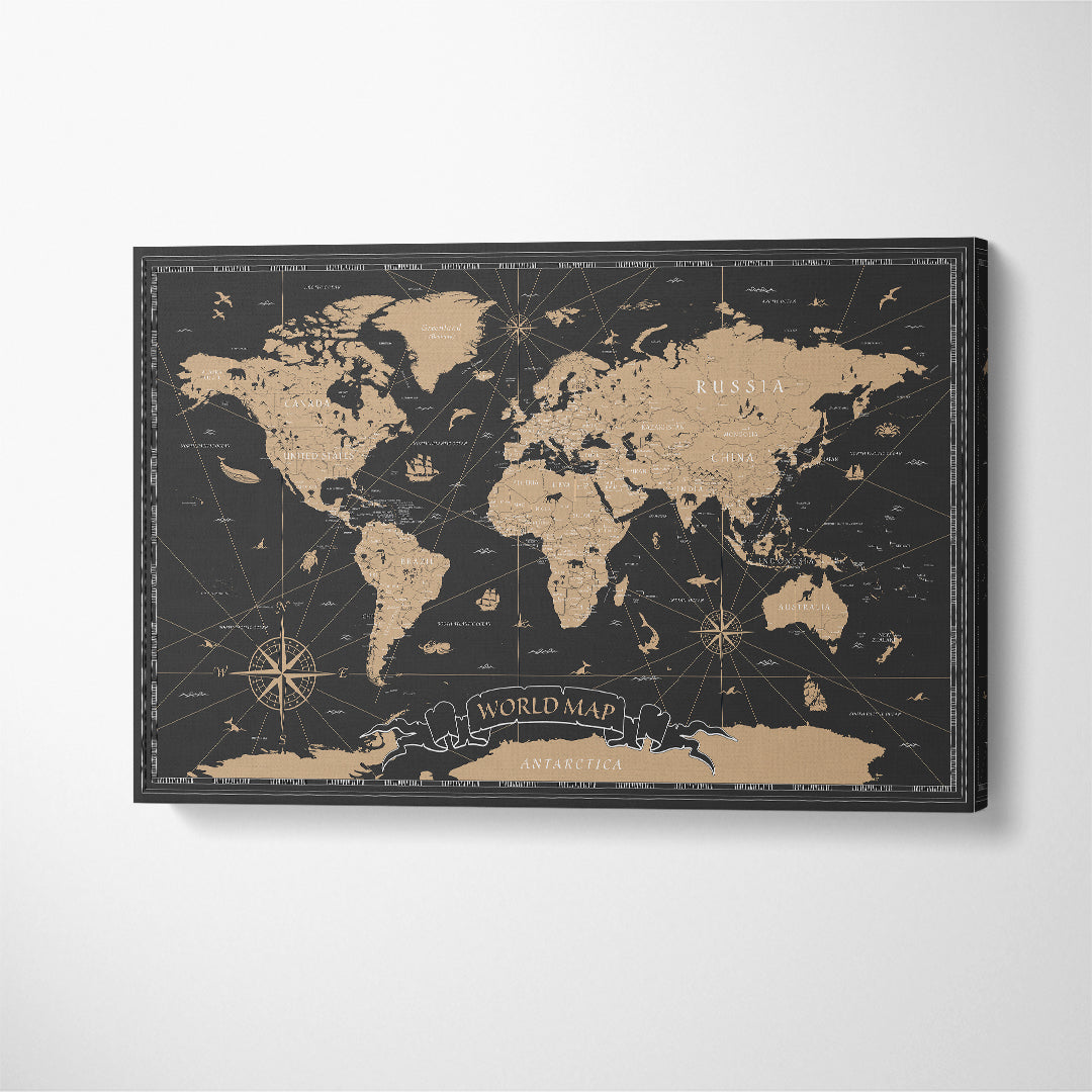 Black Vintage World Map Canvas Print ArtLexy 1 Panel 24"x16" inches 