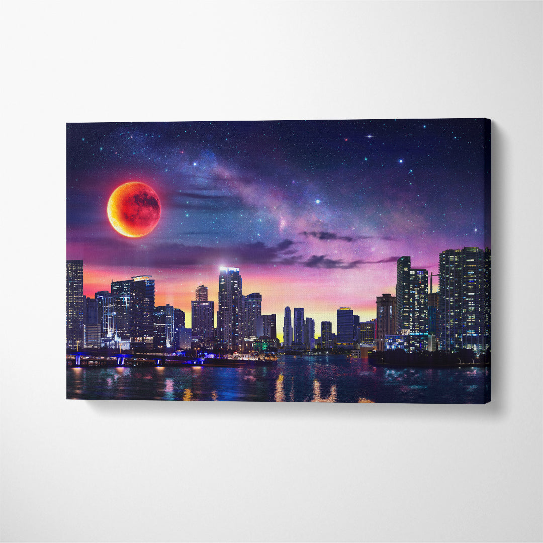 Fantasy Miami Landscape With Milky Way And Red Moon Canvas Print ArtLexy 1 Panel 24"x16" inches 