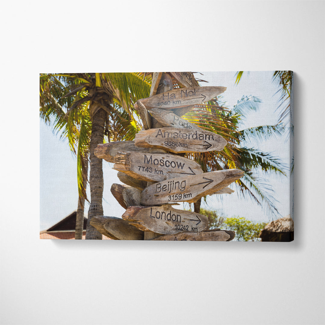 Distance Sign on Beach Canvas Print ArtLexy 1 Panel 24"x16" inches 