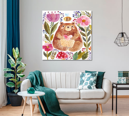 Cute Bear in Flowers Canvas Print ArtLexy 1 Panel 12"x12" inches 
