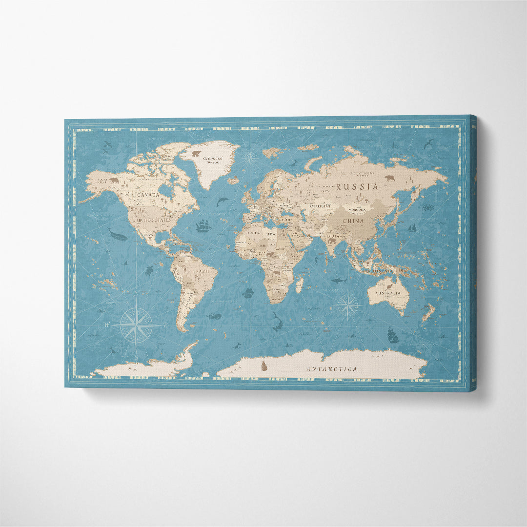 Blue and Beige Vintage World Map Canvas Print ArtLexy 1 Panel 24"x16" inches 