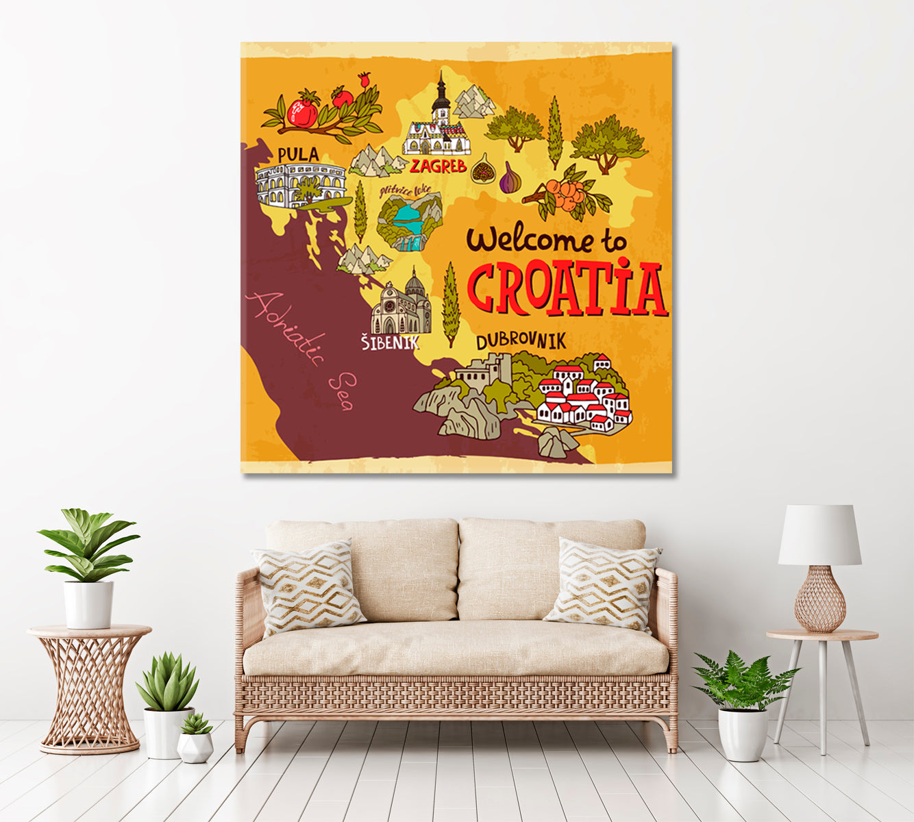 Illustrated Map of Croatia Canvas Print ArtLexy   