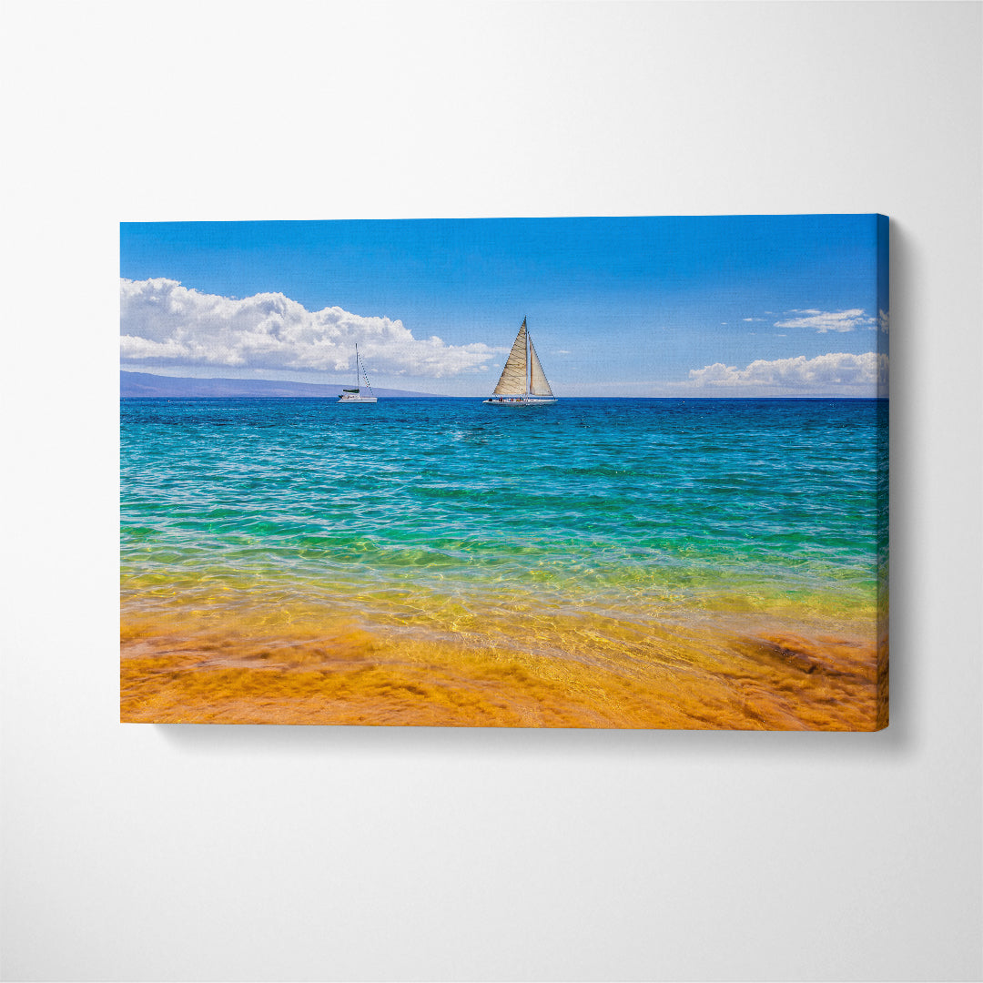 Beautiful Beach with Clear Water and Sailboats Canvas Print ArtLexy 1 Panel 24"x16" inches 