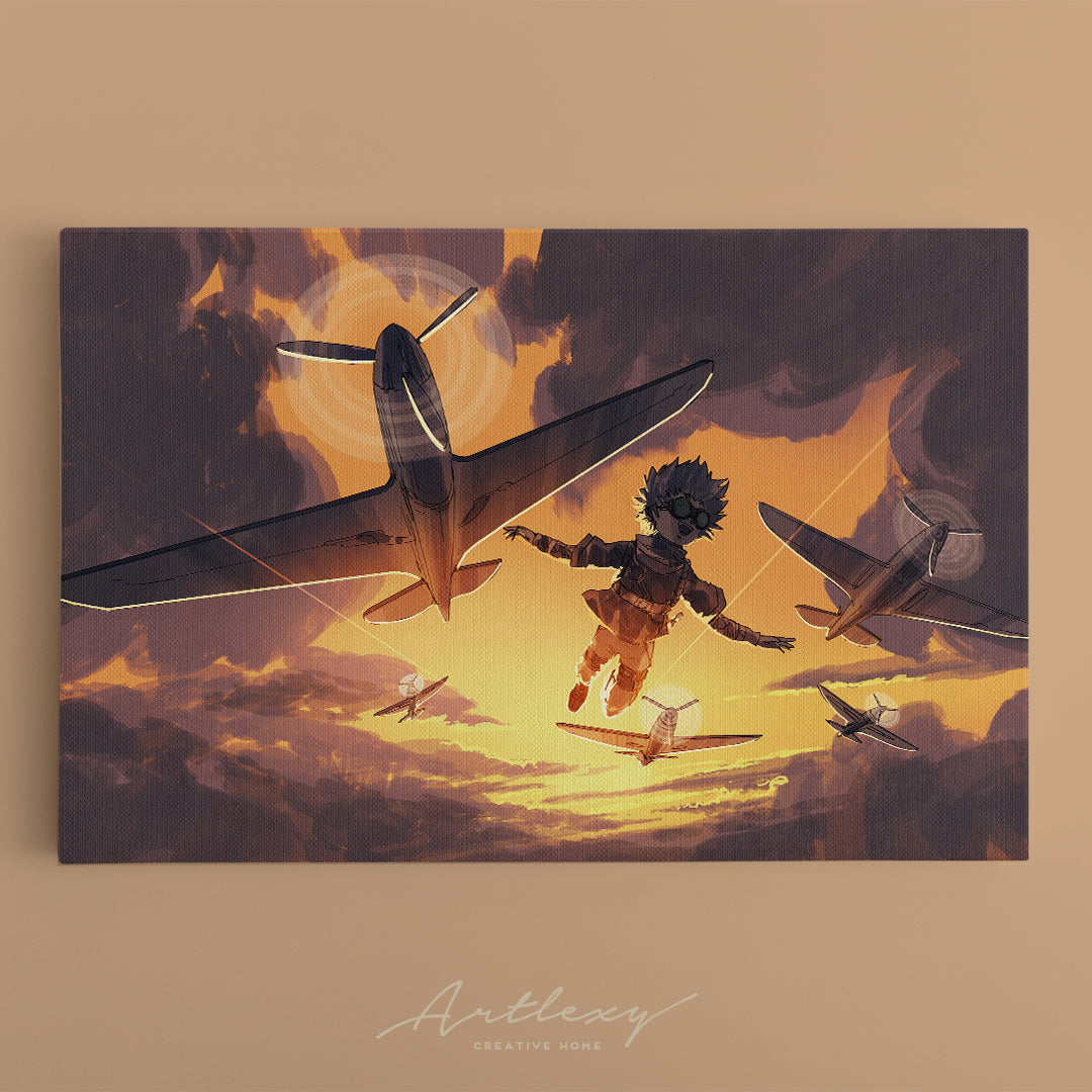 Boy Flying in Sky with Planes Canvas Print ArtLexy   