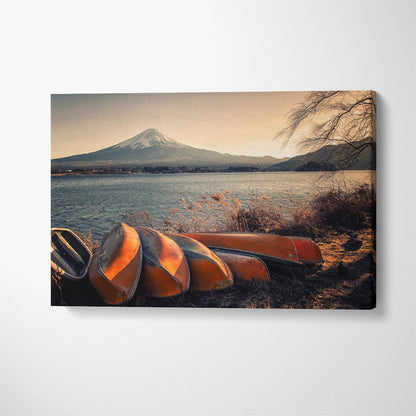 Mount Fuji and Kawaguchi Lake with Old Boats Japan Canvas Print ArtLexy 1 Panel 24"x16" inches 