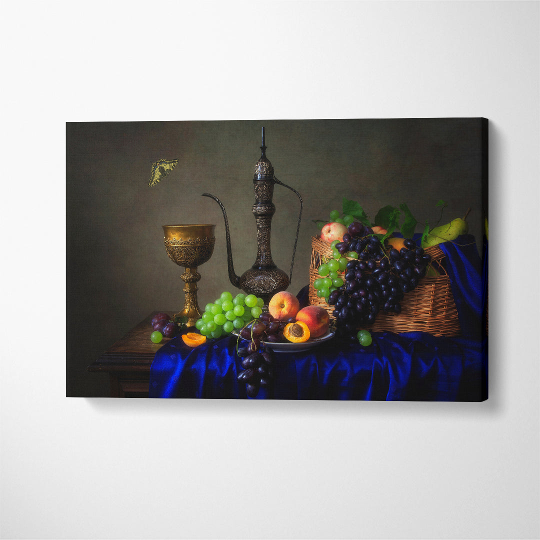 Still Life Grapes and Vintage Jug Canvas Print ArtLexy 1 Panel 24"x16" inches 
