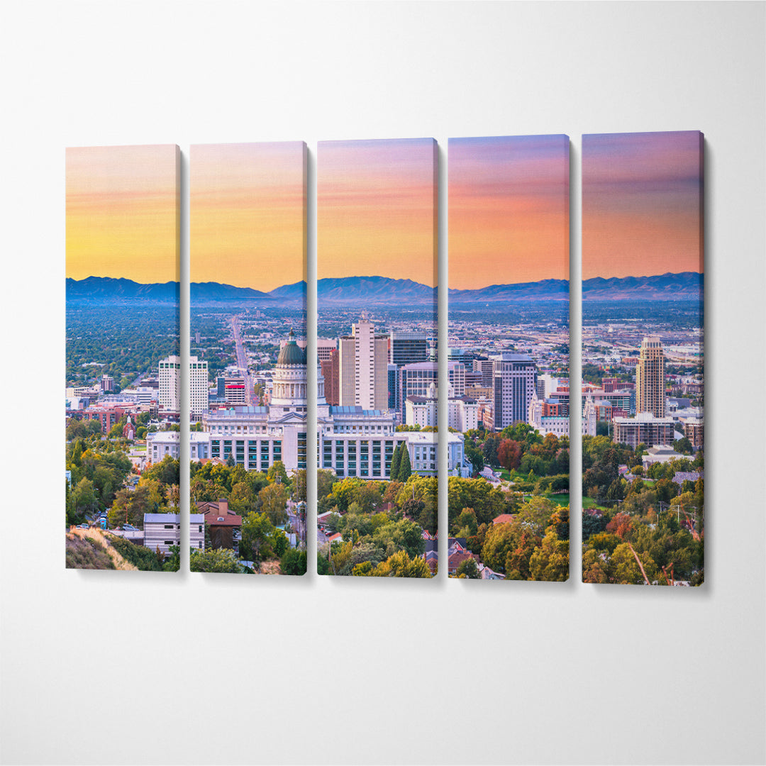Salt Lake City Skyline Utah USA Canvas Print ArtLexy 5 Panels 36"x24" inches 