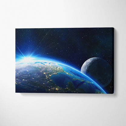 Horizon Planet Earth with Moon Canvas Print ArtLexy 1 Panel 24"x16" inches 