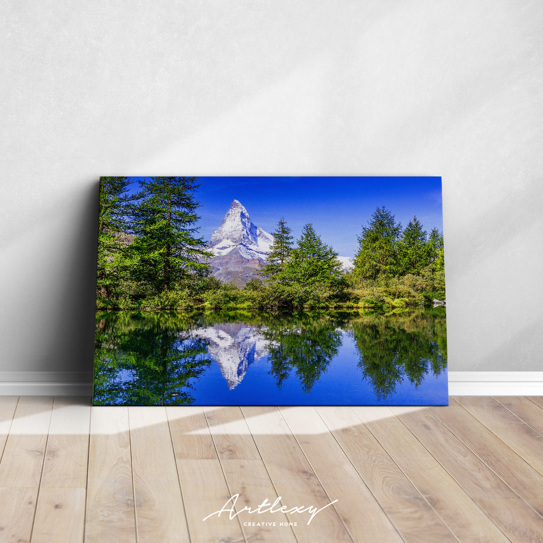 Matterhorn Mountain with Trees Reflection on Lake Switzerland Canvas Print ArtLexy   
