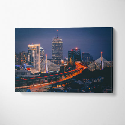 Boston Skyline at Night Canvas Print ArtLexy 1 Panel 24"x16" inches 