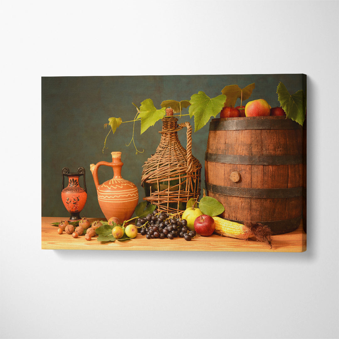 Still Life Wooden Wine Barrel and Grapes Canvas Print ArtLexy 1 Panel 24"x16" inches 