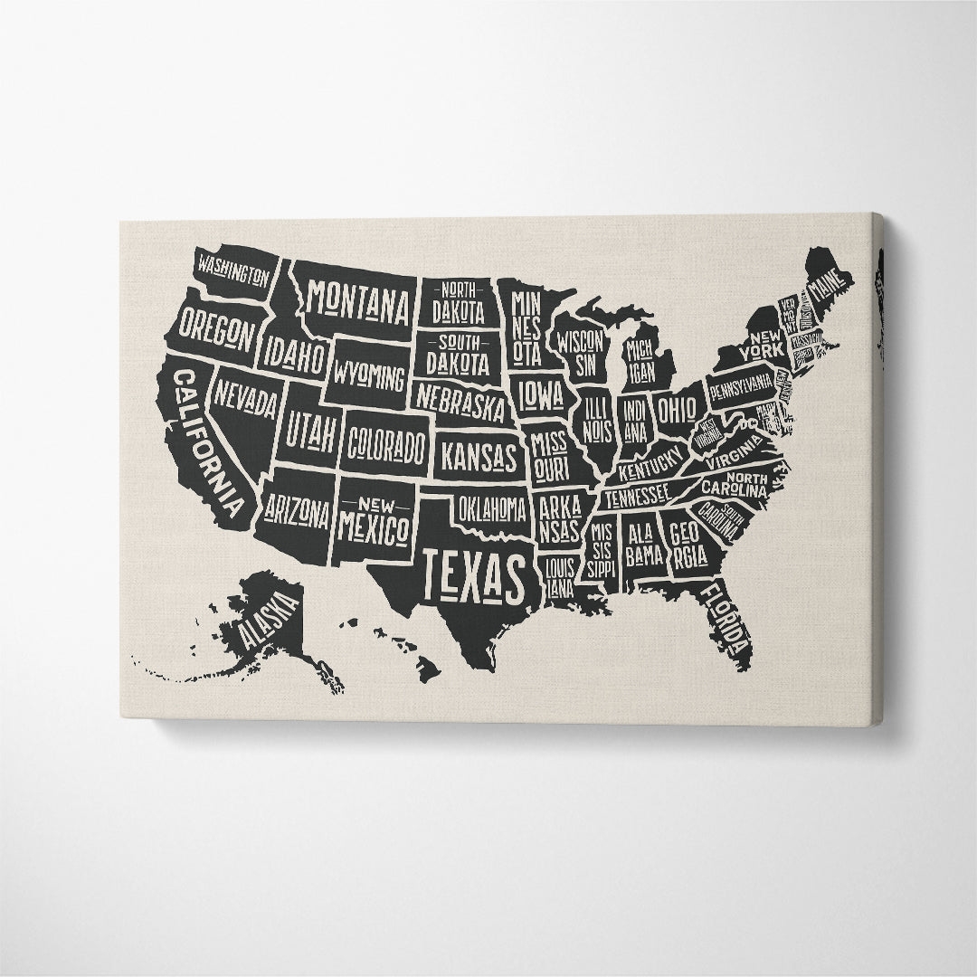 United States of America Map with State Names Canvas Print ArtLexy 1 Panel 24"x16" inches 
