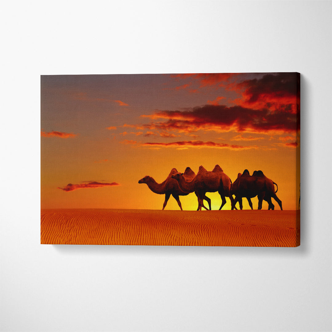 Camels in Desert at Sunset Canvas Print ArtLexy 1 Panel 24"x16" inches 