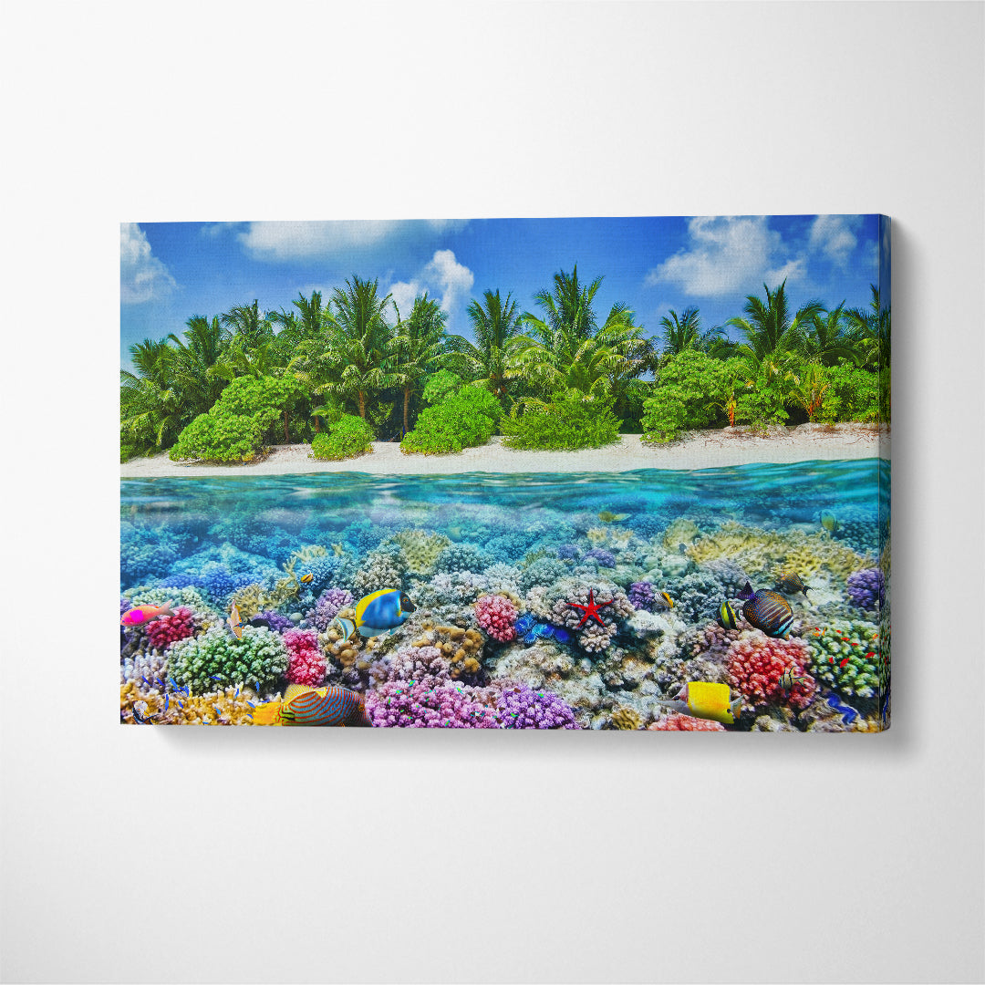 Tropical Thoddoo Island and Underwater World Maldives Canvas Print ArtLexy 1 Panel 24"x16" inches 