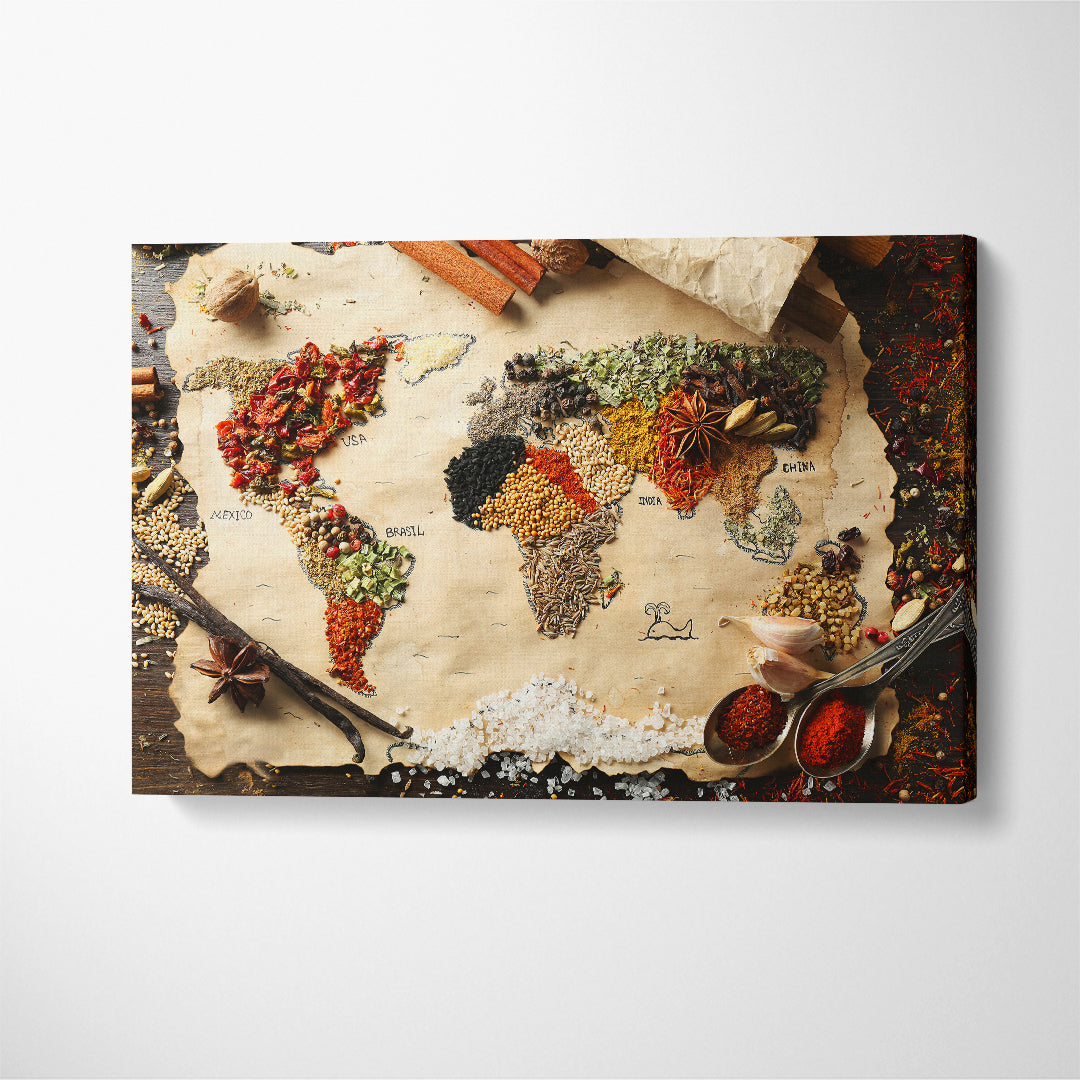 World Map with Spices Canvas Print ArtLexy 1 Panel 24"x16" inches 