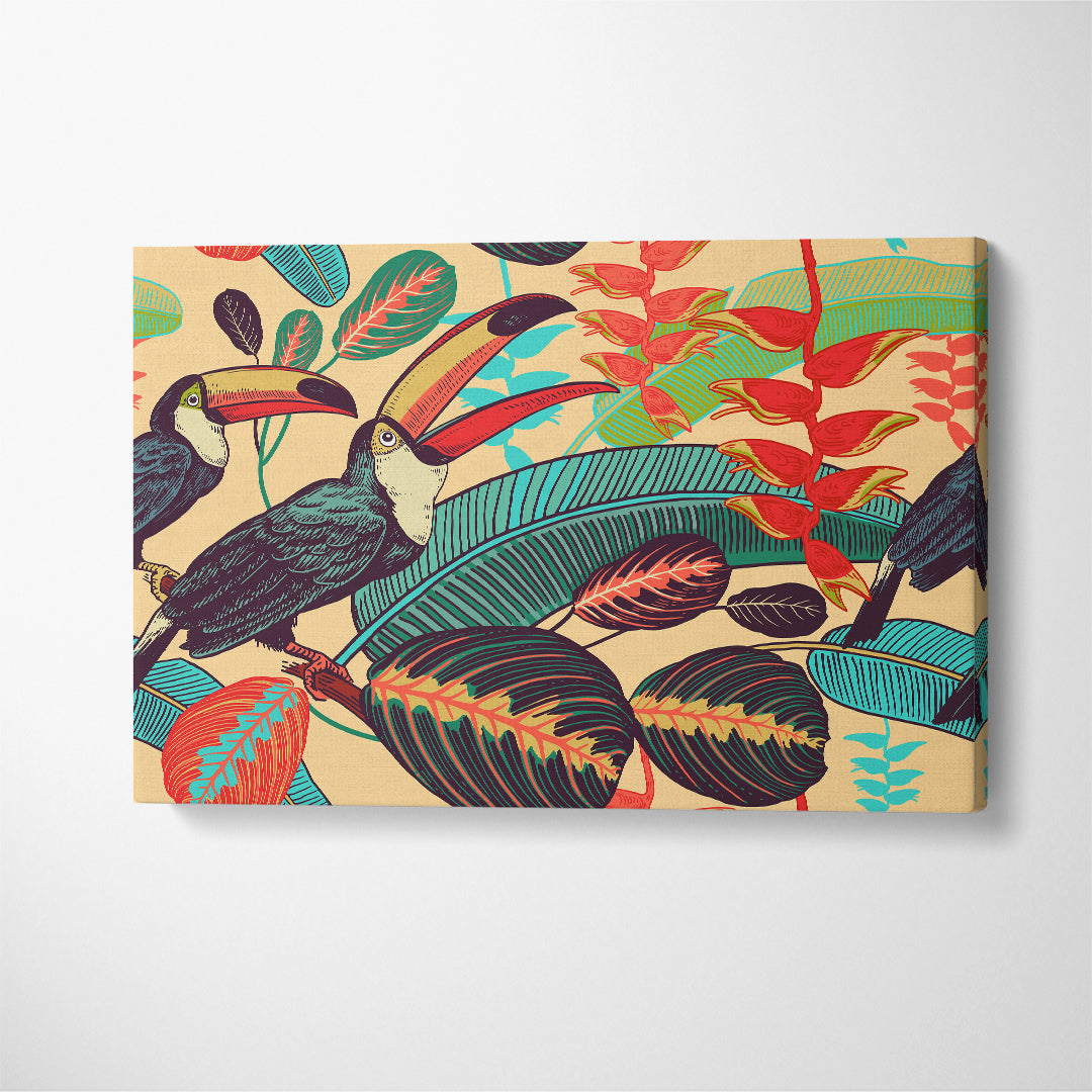 Toucans with Tropical Leaves and Flowers Canvas Print ArtLexy 1 Panel 24"x16" inches 