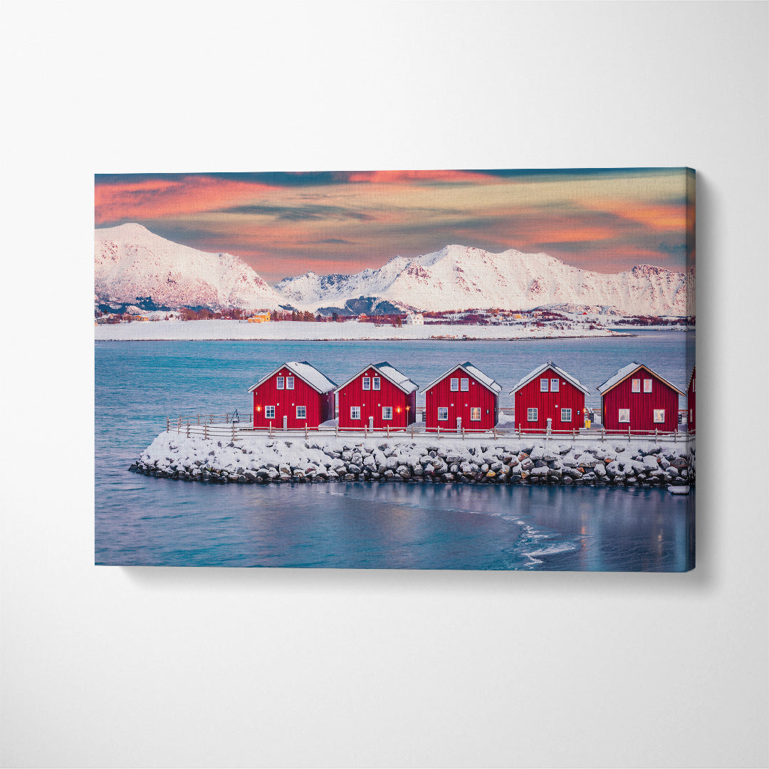 Traditional Norwegian Red Wooden Houses Lofoten Islands Canvas Print ArtLexy 1 Panel 24"x16" inches 