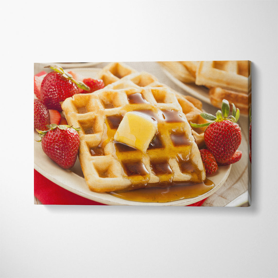Belgian Waffles with Strawberries and Maple Syrup Canvas Print ArtLexy 1 Panel 24"x16" inches 