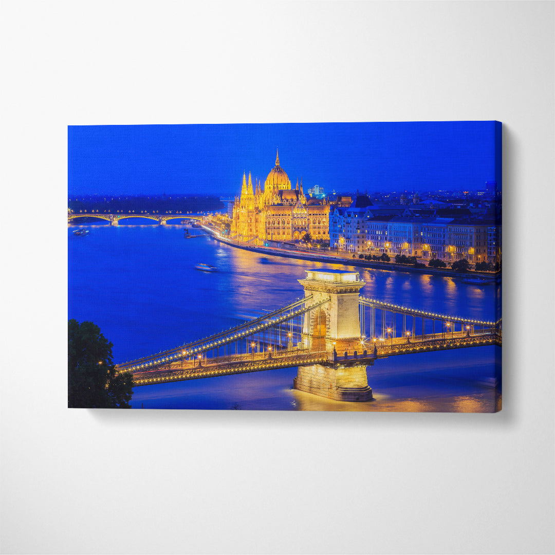 Budapest with Chain Bridge and the Parliament at Night Canvas Print ArtLexy 1 Panel 24"x16" inches 
