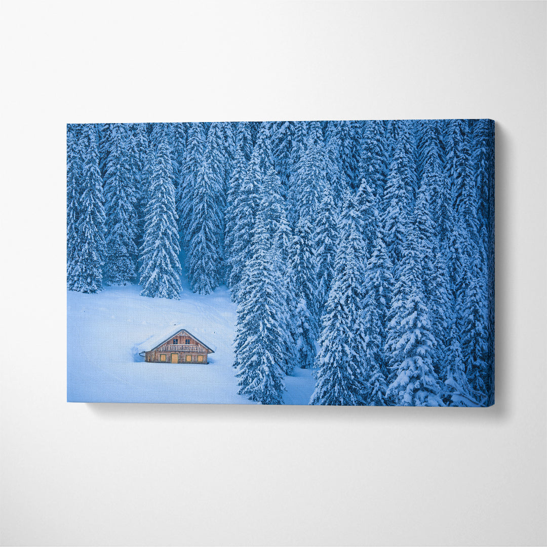 Winter Forest and Mountain Chalet Austria Canvas Print ArtLexy 1 Panel 24"x16" inches 