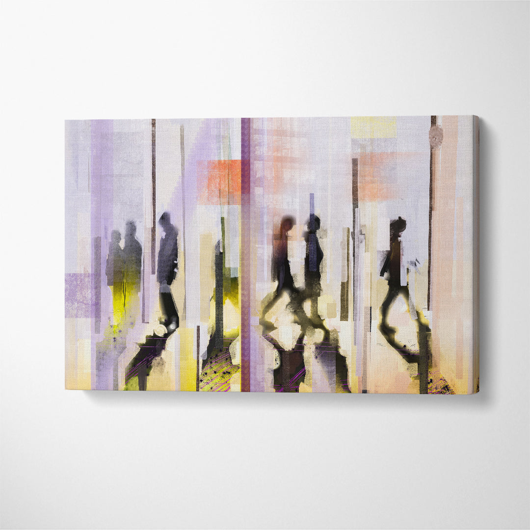 Abstract Colorful Urban Street with People Silhouettes Canvas Print ArtLexy 1 Panel 24"x16" inches 