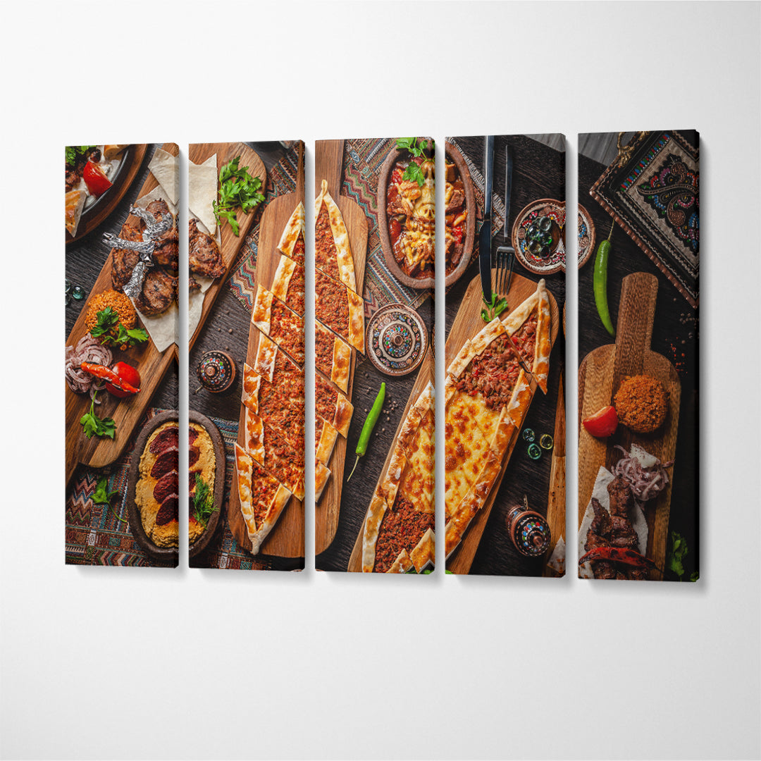 Traditional Turkish Cuisine Pizza Sucuk Hummus Kebab Canvas Print ArtLexy 5 Panels 36"x24" inches 