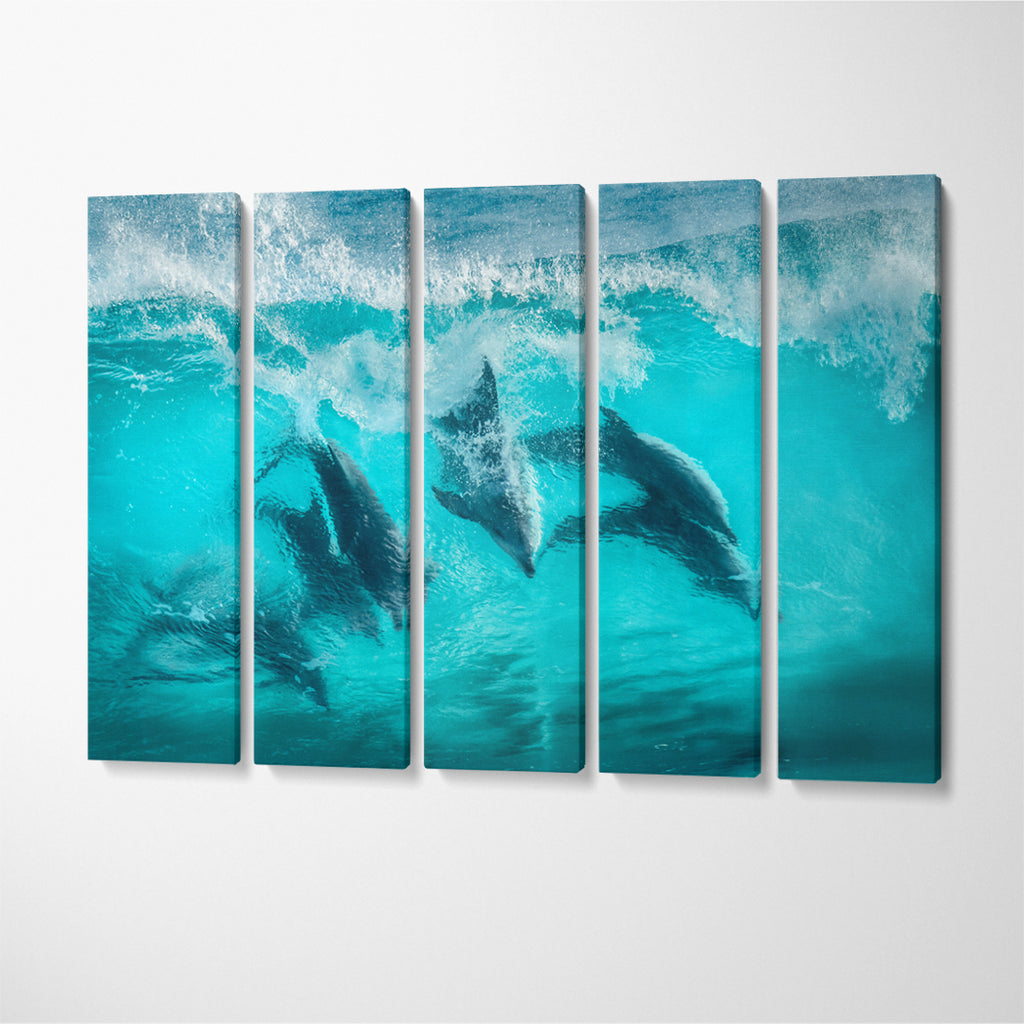 Bottlenose Dolphins Surfing in Waves Canvas Print ArtLexy 5 Panels 36"x24" inches 