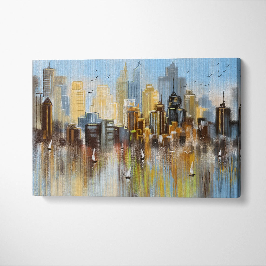 Abstract City Reflected in Water with Sailboats Canvas Print ArtLexy 1 Panel 24"x16" inches 