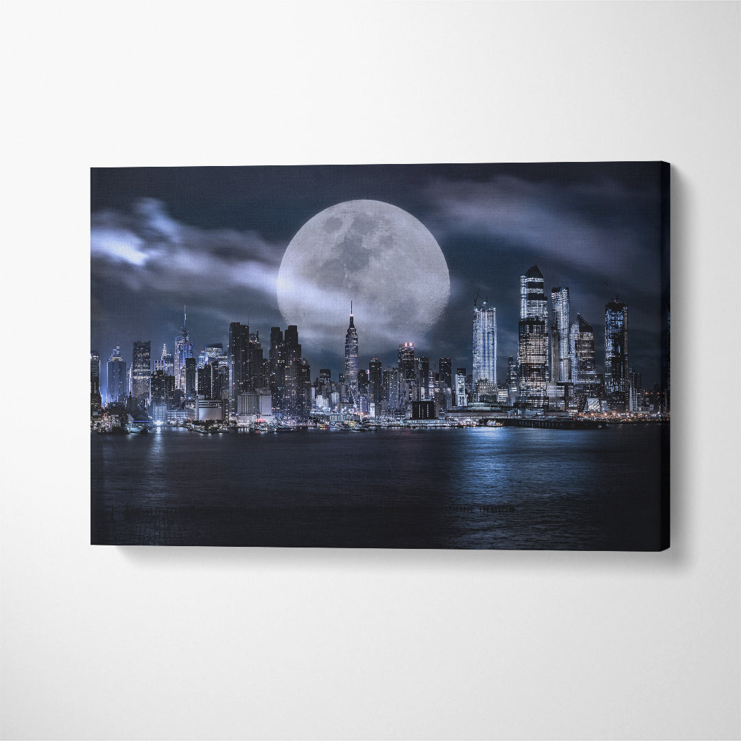 Manhattan Skyline at Dusk with Huge Moon New York USA Canvas Print ArtLexy 1 Panel 24"x16" inches 