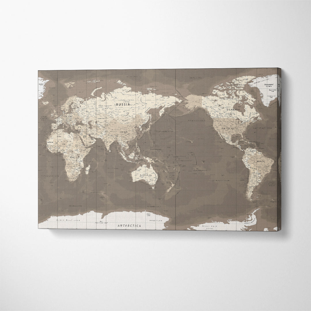 Political Topographic World Map Canvas Print ArtLexy 1 Panel 24"x16" inches 