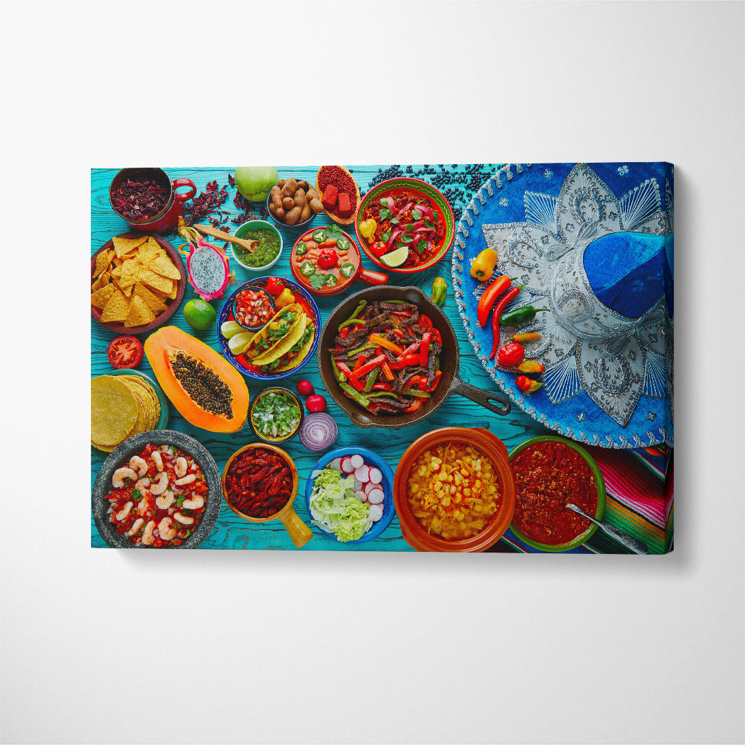 Mexican Food and Sombrero Canvas Print ArtLexy 1 Panel 24"x16" inches 