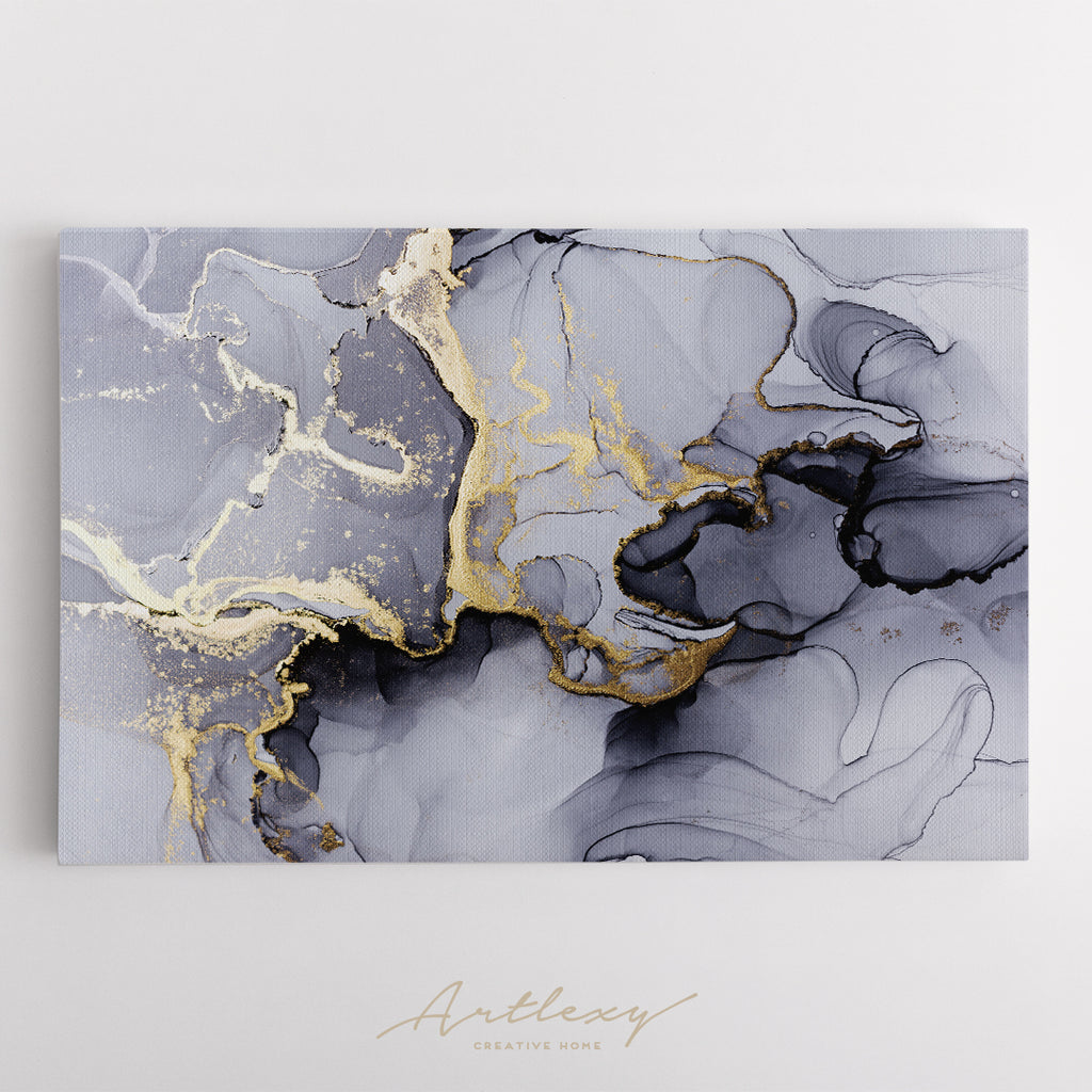 Abstract Marble Wall Art Canvas Print Gray W Gold Veins. Abstract