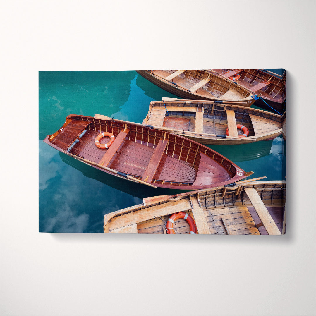 Boats on Braies Lake Dolomites Alps Italy Canvas Print ArtLexy 1 Panel 24"x16" inches 