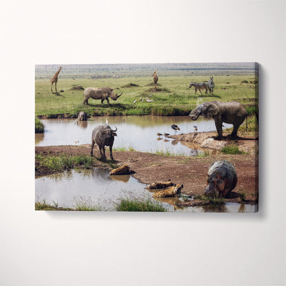 Wild Animals Around Watering Hole Kenya Africa Canvas Print ArtLexy 1 Panel 24"x16" inches 
