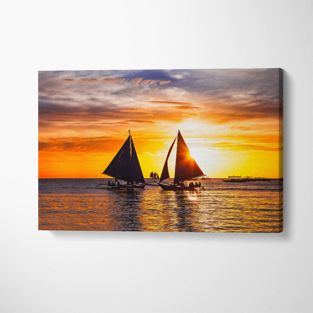 Amazing Sunset with Sailing Boats Canvas Print ArtLexy 1 Panel 24"x16" inches 