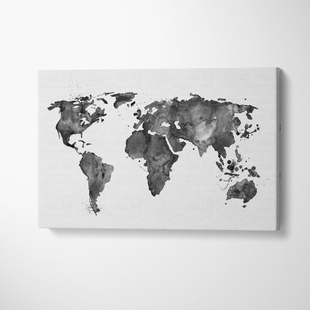Abstract Black Map of the World Canvas Print ArtLexy 1 Panel 24"x16" inches 