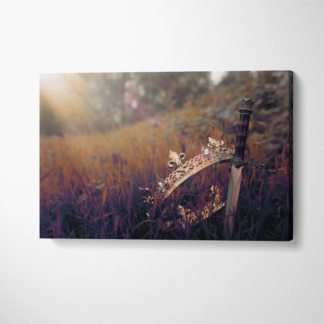 King Crown and Sword in Mysterious Forest Canvas Print ArtLexy 1 Panel 24"x16" inches 