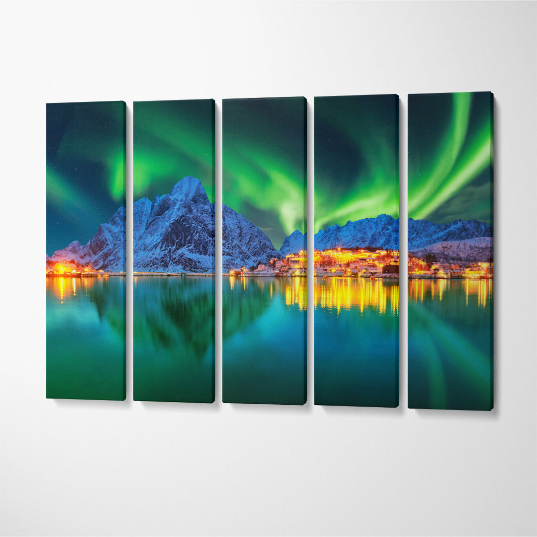 Aurora Borealis Landscape Lofotens Norway Canvas Print ArtLexy 5 Panels 36"x24" inches 