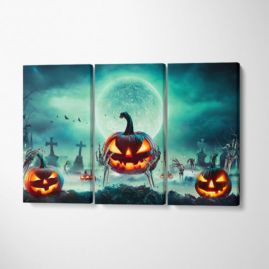Jack O’ Lantern On Skeleton Arms In Graveyard At Night Halloween Canvas Print ArtLexy 3 Panels 36"x24" inches 