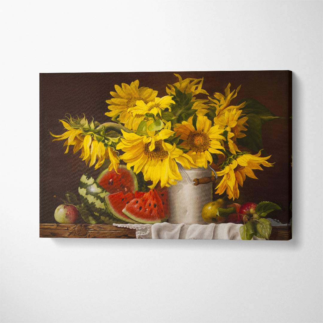 Still Life Sunflowers and Watermelon Canvas Print ArtLexy 1 Panel 24"x16" inches 