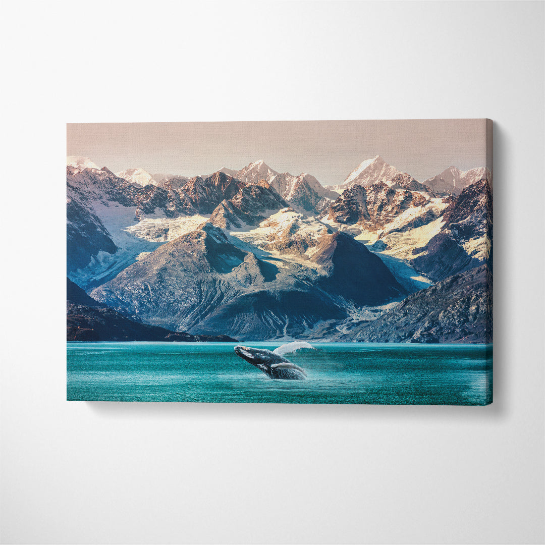 Whale In Ocean With Alaskan Mountain Landscape Canvas Print ArtLexy 1 Panel 24"x16" inches 