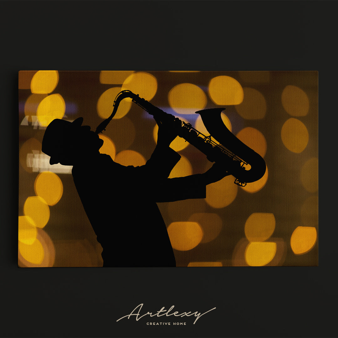 Saxophonist Against Beautiful Lights Canvas Print ArtLexy   
