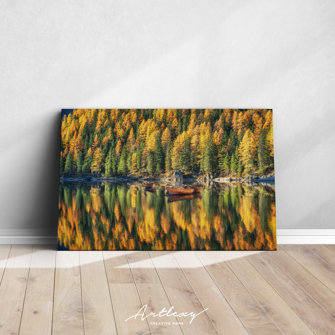 Wooden Boats in Braies Lake Autumn Dolomites Italy Canvas Print ArtLexy   