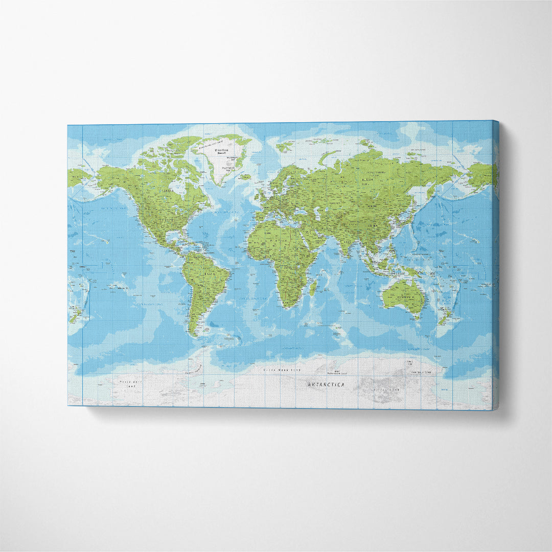 Detailed Topographic World Map Canvas Print ArtLexy 1 Panel 24"x16" inches 