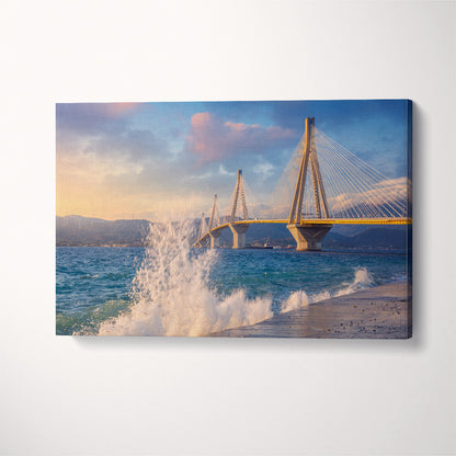 Rion-Antirion Bridge with Waves Splash Greece Canvas Print ArtLexy 1 Panel 24"x16" inches 